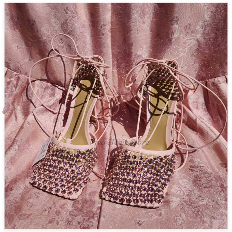 Casual Sandal Leather - Square Toe Mesh Dimaond Lace up