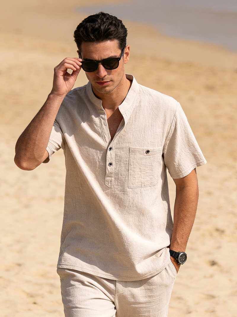 Men's Cotton Linen Henley Shir - Linen Shirt Breathable のレビューと価格