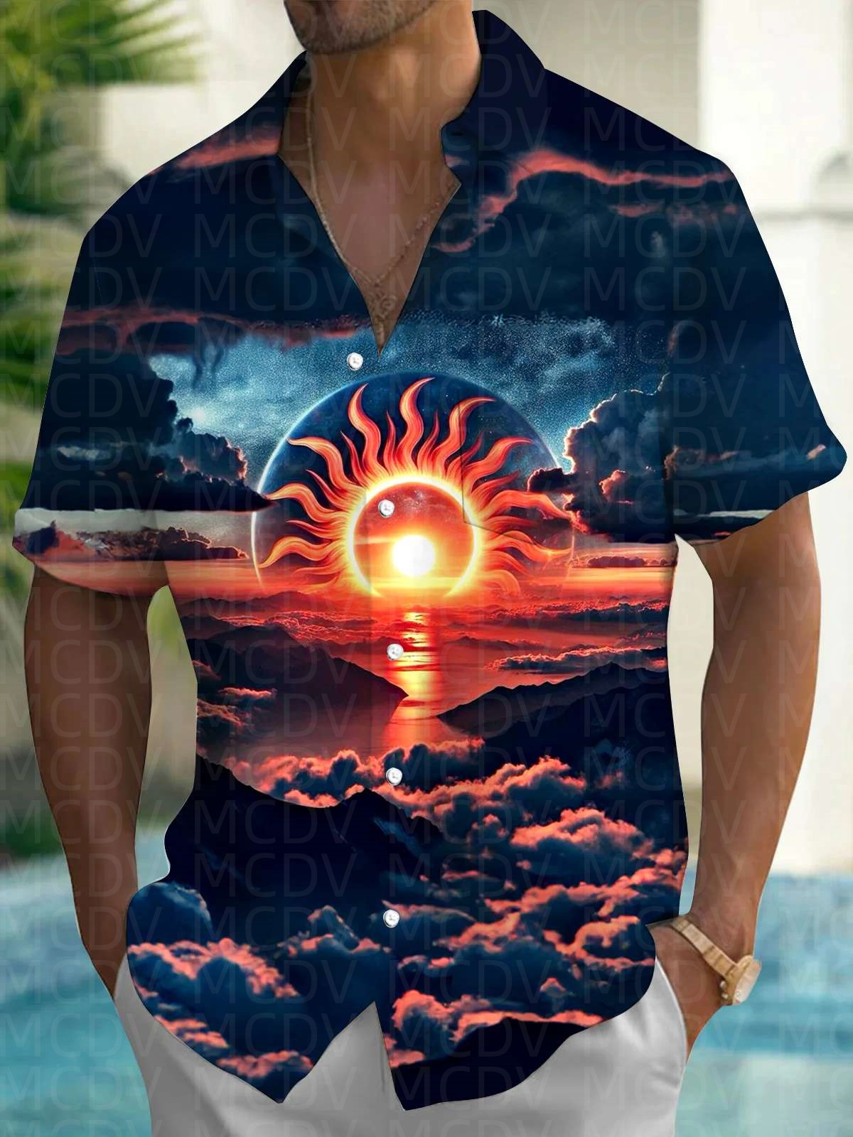 Sun Pattern Style Men's Hawaii - Shirt Camp Collar のレビューと価格