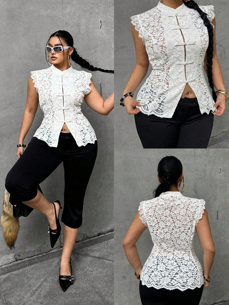 Plus Size Elegant Lace Blouse, - Shirt Camp Collar のレビューと価格