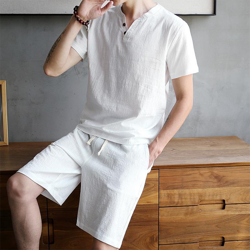 Men's Cotton Linen Set T-shirt - Linen Shirt Breathable のレビューと価格