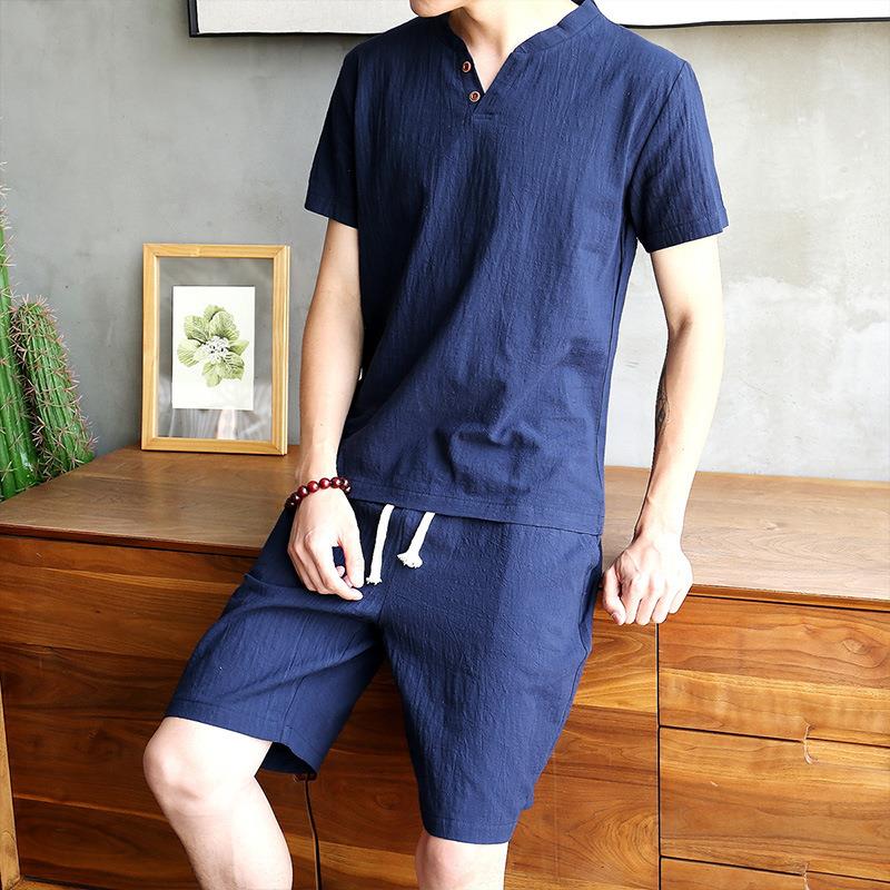 Men's Cotton Linen Set T-shirt - Linen Shirt Breathable のレビューと価格