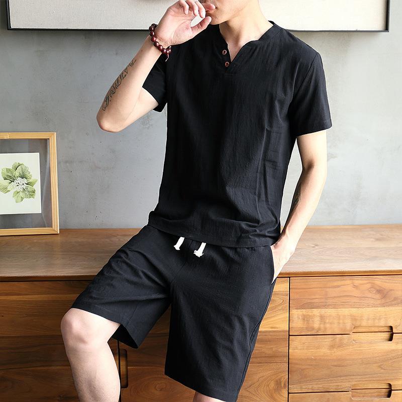 Men's Cotton Linen Set T-shirt - Linen Shirt Breathable のレビューと価格