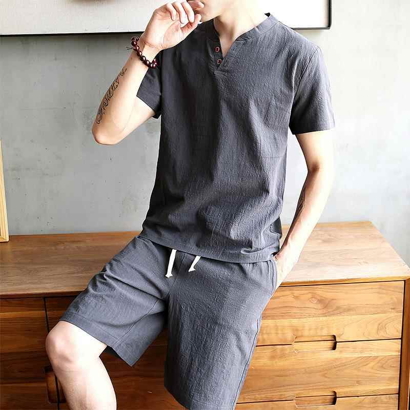 Men's Cotton Linen Set T-shirt - Linen Shirt Breathable のレビューと価格