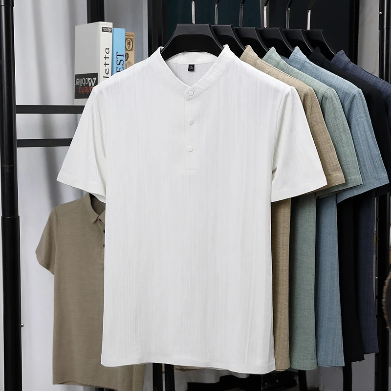 Mens Mandarin Collar Half Plac - Linen Shirt Breathable のレビューと価格