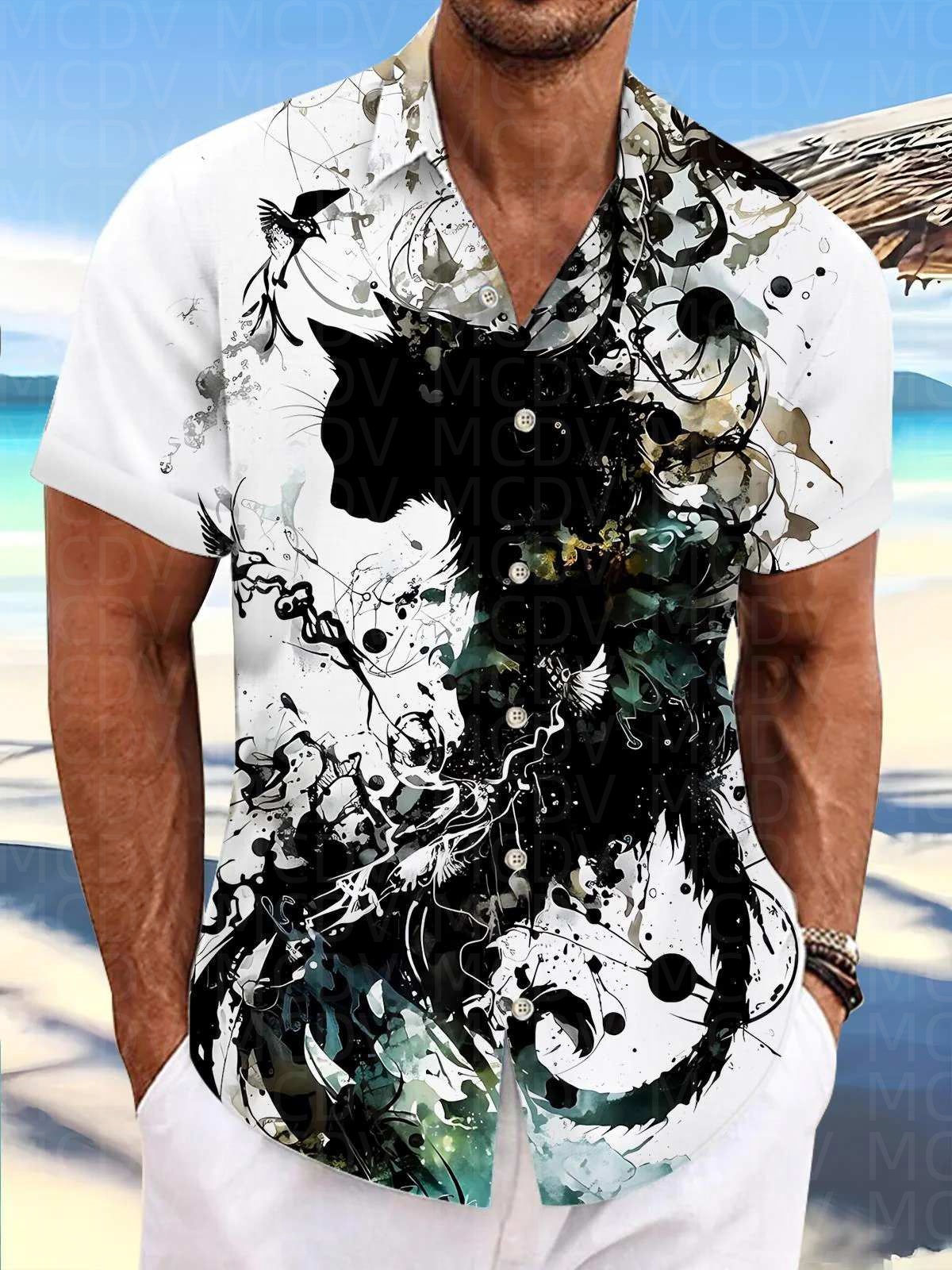 Motorcycle Pattern Men's Hawai - Shirt Camp Collar のレビューと価格