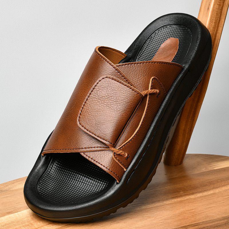 Leather Men's Slippers Slides  - Flip Flop Leather Men のレビューと価格