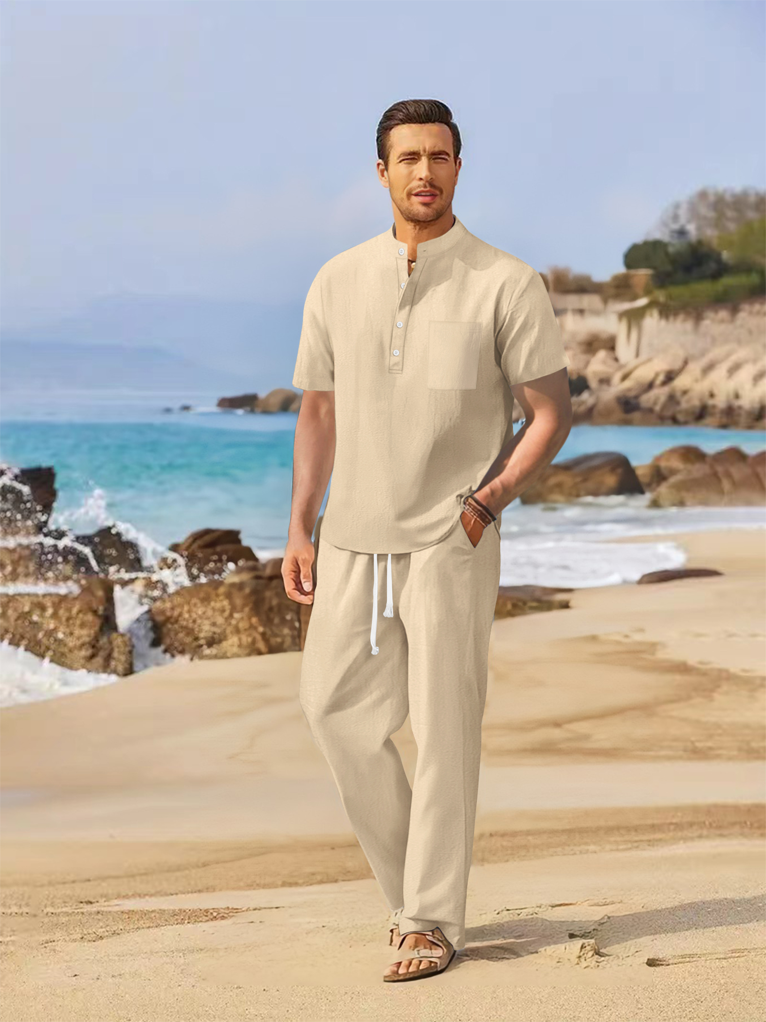Summer men's cotton and linen  - Short Linen Drawstring のレビューと価格