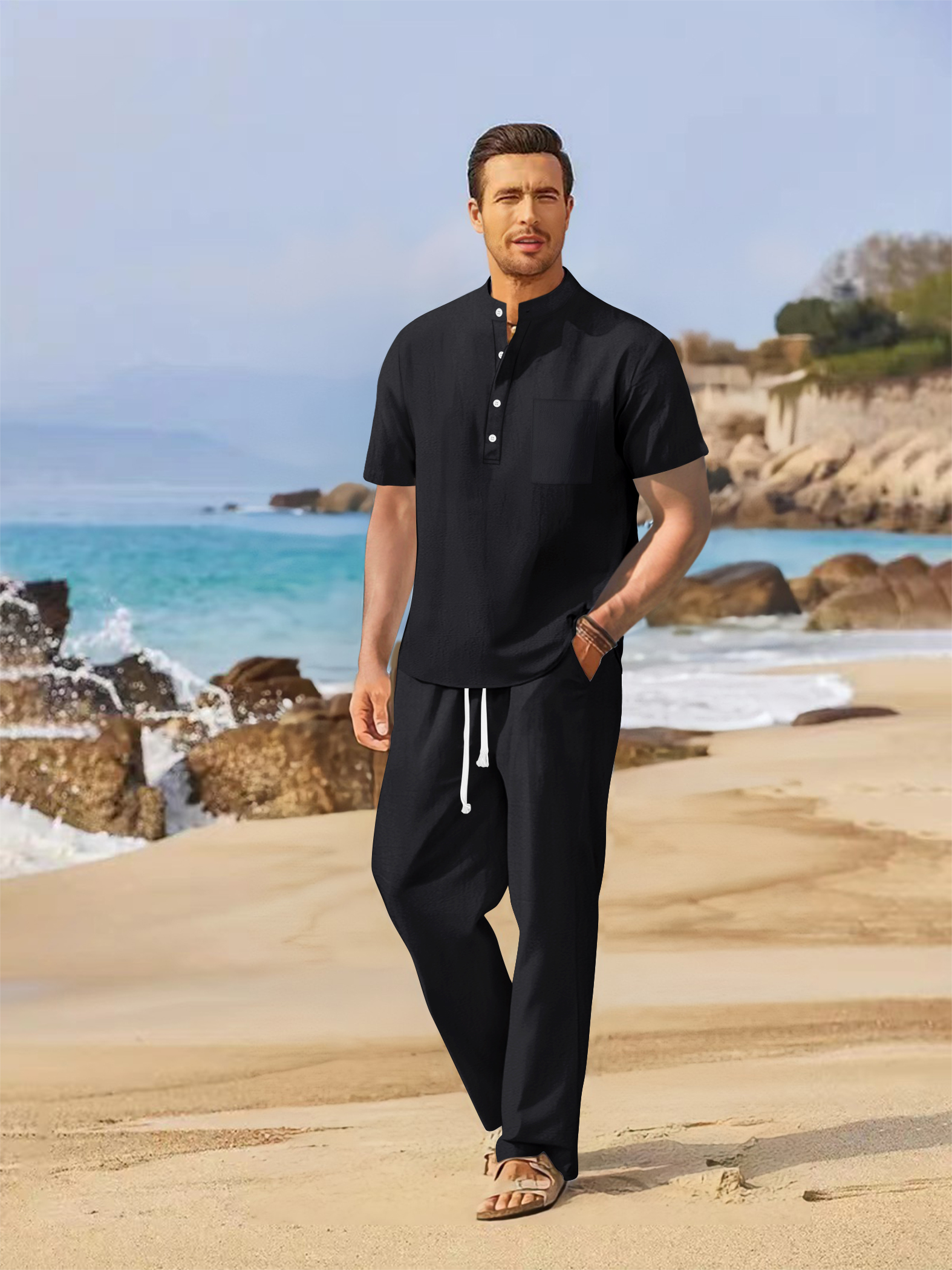 Summer men's cotton and linen  - Short Linen Drawstring のレビューと価格