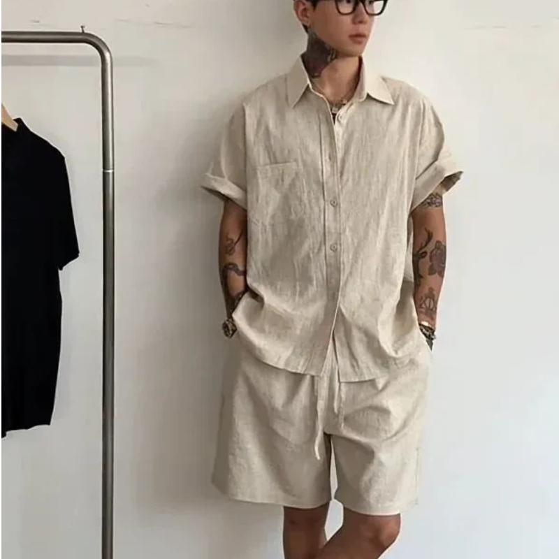 Mens Linen Cotton 2 Piece Set  - Linen Shirt Breathable のレビューと価格