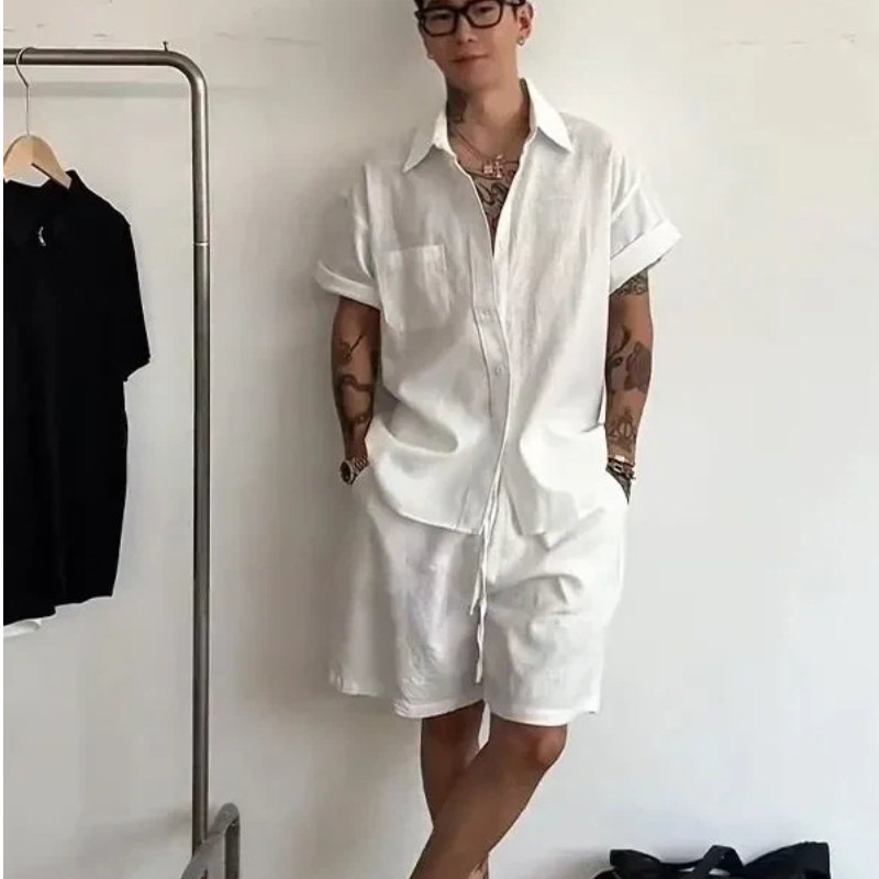 Mens Linen Cotton 2 Piece Set  - Linen Shirt Breathable のレビューと価格