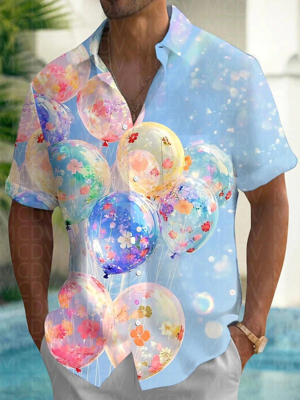 Balloon Pattern Men's Hawaiian - Shirt Camp Collar のレビューと価格