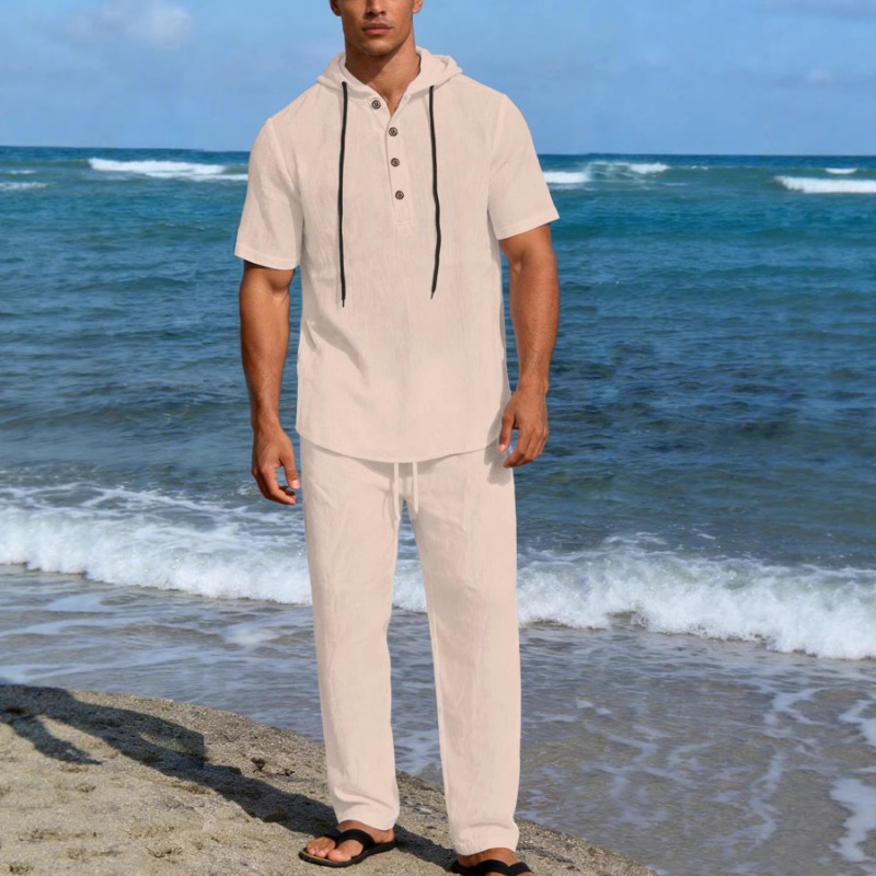 Men's 2 Piece Linen Hooded Out - Short Linen Drawstring のレビューと価格