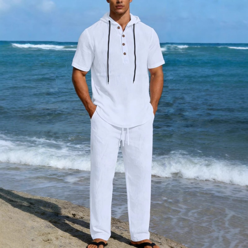 Men's 2 Piece Linen Hooded Out - Short Linen Drawstring のレビューと価格