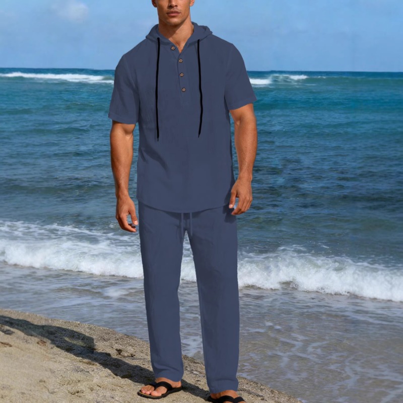 Men's 2 Piece Linen Hooded Out - Short Linen Drawstring のレビューと価格