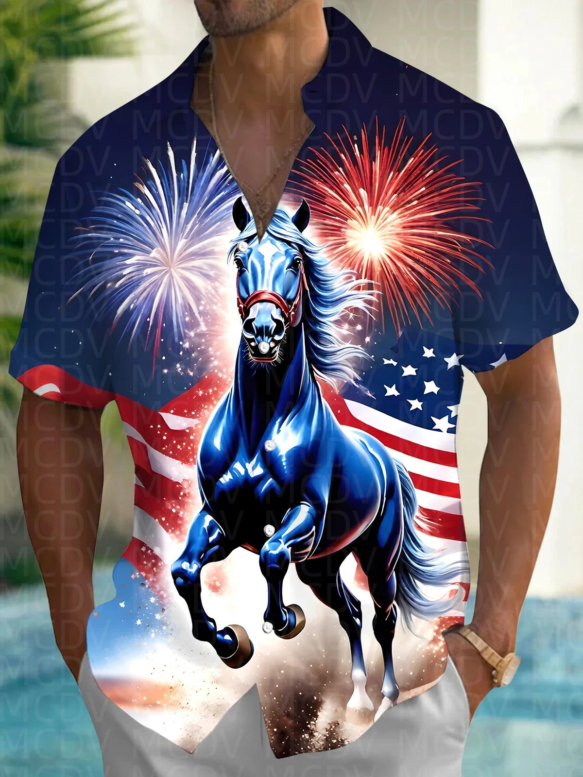 Horse Pattern Men's Hawaiian S - Shirt Camp Collar のレビューと価格