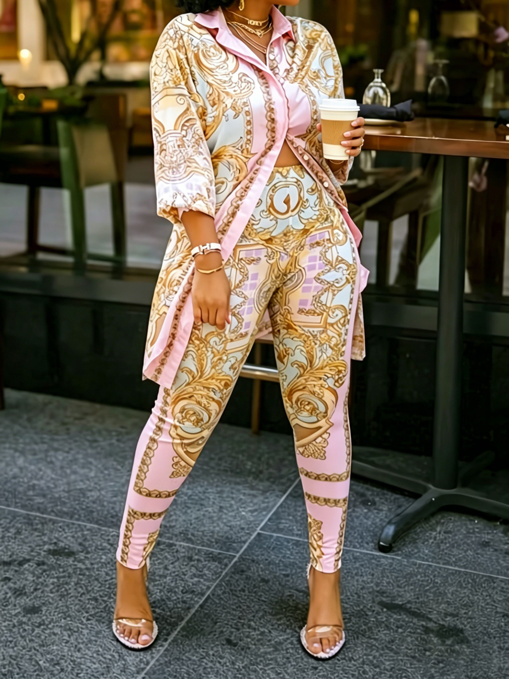Women 2 Piece Set Ornate Print - Shirt Camp Collar のレビューと価格