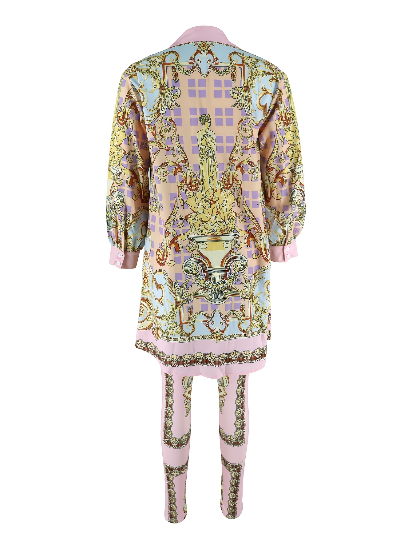 Women 2 Piece Set Ornate Print - Shirt Camp Collar のレビューと価格
