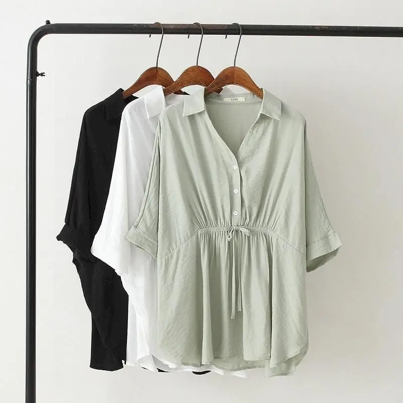 Korean Loose Blouses Women Fas - Short Linen Drawstring のレビューと価格