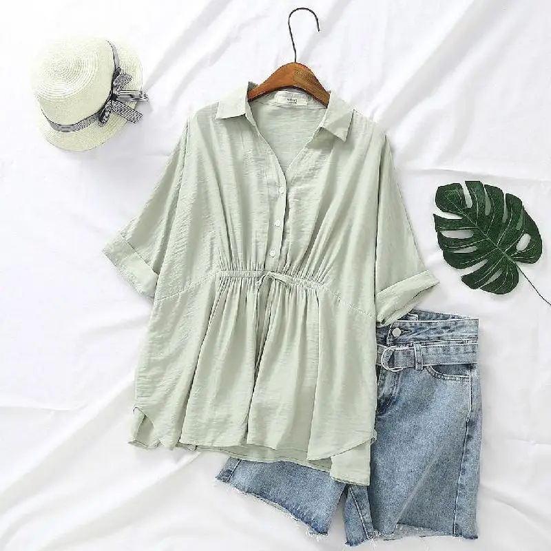 Korean Loose Blouses Women Fas - Short Linen Drawstring のレビューと価格