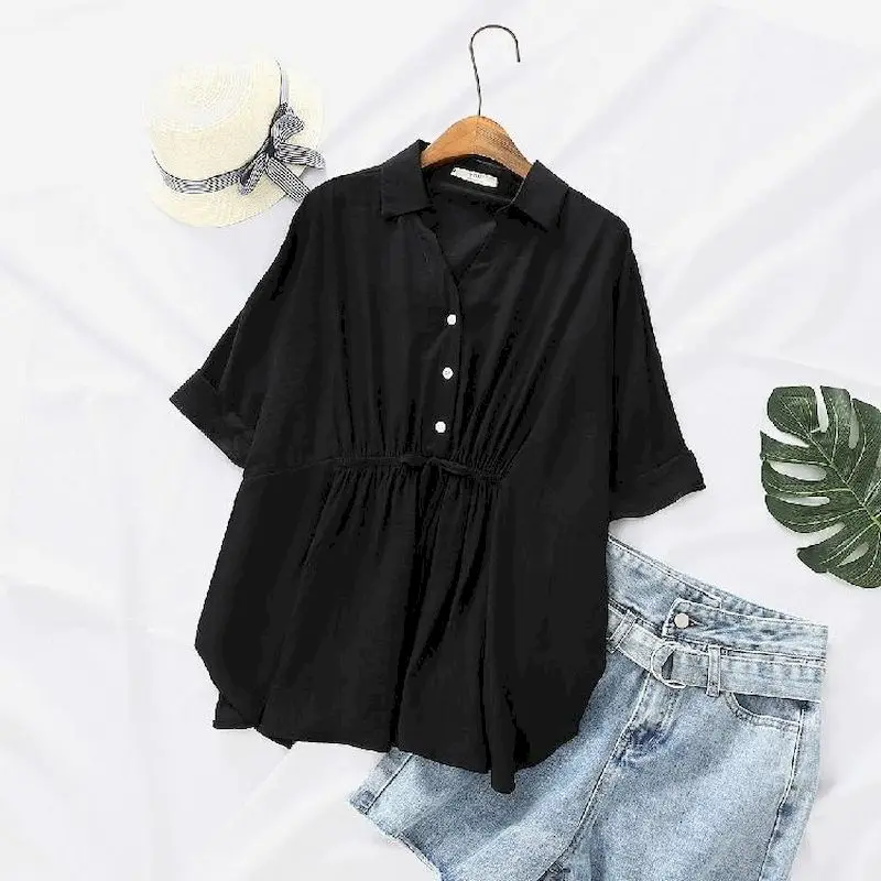 Korean Loose Blouses Women Fas - Short Linen Drawstring のレビューと価格